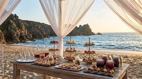 Elegant dessert buffet table setup on a tropical beach at sunset for a wedding celebration. oceanfront catering arrangement