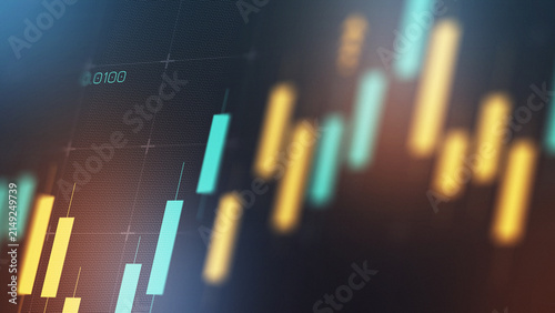 Business chart displays stock exchange trading data with colorful bars showing market trends