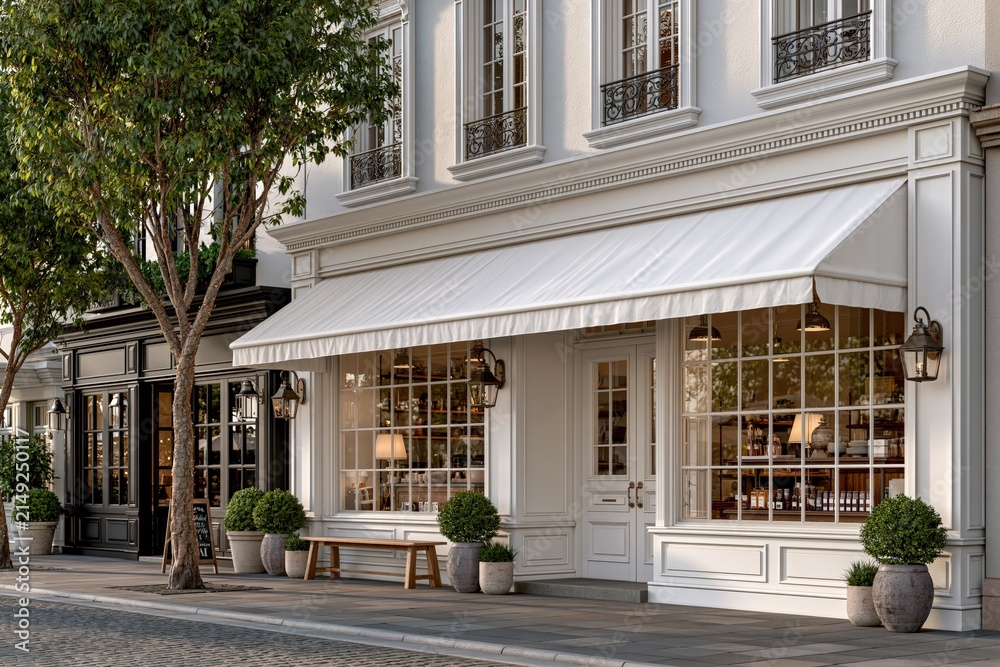Fototapeta premium Parisian storefront cafe facade exterior sunny daylight and white awning
