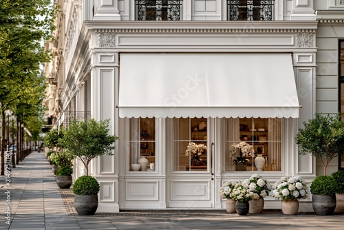 Luxury boutique storefront with white awning and elegant architecture