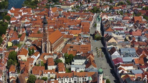 A panoramic aerial view from the old town of the city in Straubing in Germany, Bavaria. On a sunny day in spring.