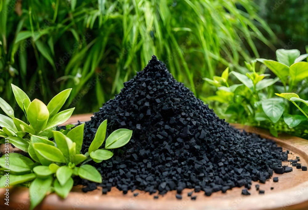 Obraz premium Pile of black granular activated carbon on a wooden plate with green plants in the background water purification, this material is commonly used for water and air purification filtration
