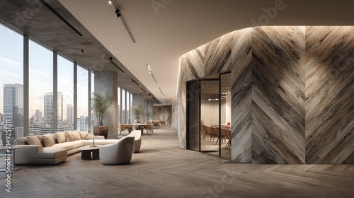 Modern office interior with large windows and city view contemporary design