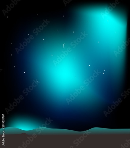A view of the night sky featuring a slender crescent moon and a few bright stars, rendered in an artistic style.