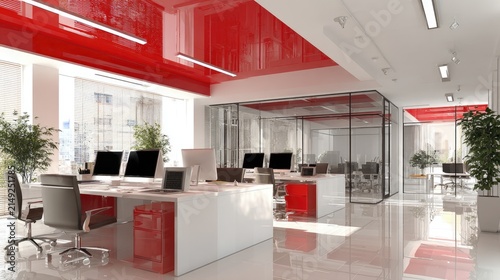 Modern office interior with desks computers and plants design concept