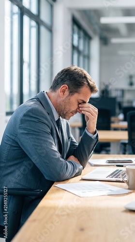 Stressed businessman sitting at desk in modern office suffering from headache and exhaustion