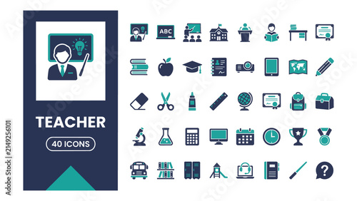 A collection of 40 flat-style teacher and education icons in teal and navy blue colors. This set includes classroom, blackboard, graduation, school supplies, science lab, and learning-related symbols.