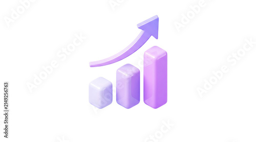 3D purple bar chart growing upward with rising arrow on top isolated on transparent background