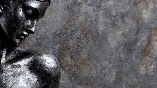 Metallic sculpture of male figure with contemplative expression. Dark and textured, art piece features human torso against grunge studio background, creating powerful artistic statement