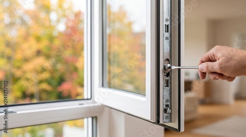 Close-up of a hand adjusting the hardware of a tilt and turn PVC window with a flat-head screwdriver. Seasonal winter mode adjustment, window maintenance, energy efficiency and home insulation