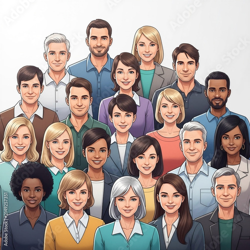 Diverse people in a circle smiling and posing together indoors  