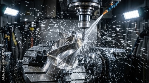 Industrial CNC milling machine precision cutting metal turbine part with coolant spray in automated factory workshop