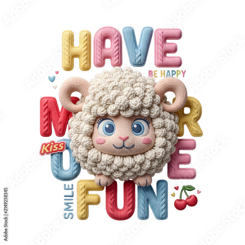 Knitted Crochet Cute Sheep Character with Fun Typographic Text Graphic Illustration