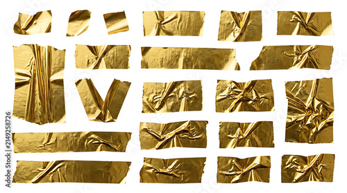 Gold tape strips PNG with metallic crumpled texture, reflective golden adhesive pieces isolated on transparent background for creative design