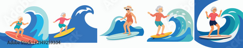 Canvas Print Vector illustration of a grandma on a summer surfing vacation