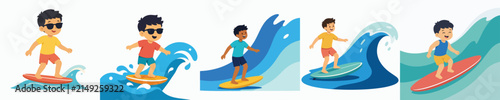Canvas Print Vector illustration of a little boy on a summer surfing vacation