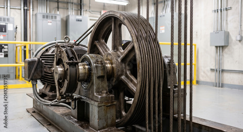 Wide elevator traction machine with large grooved sheave, multiple suspension ropes and electric motor behind safety barriers