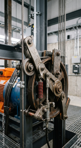 Vertical close-up of elevator overspeed governor mechanism with pulleys, springs, steel cable and orange rope drum during professional elevator maintenance and repair