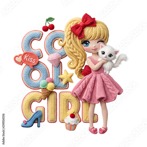 Knitted Crochet Style Blonde Girl Holding Cat Cool Typography Element Illustration