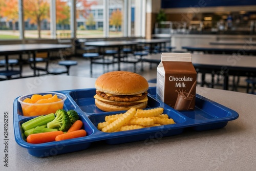 School lunch tray with burger, french fries, fresh vegetables, mandarin oranges and chocolate milk in a cafeteria. American school meal and student nutrition concept
