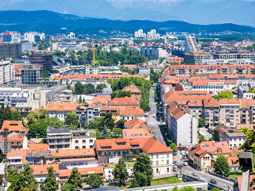 Obraz premium Overview of Ljubljana showing rooftops and buildings surrounded by mountains