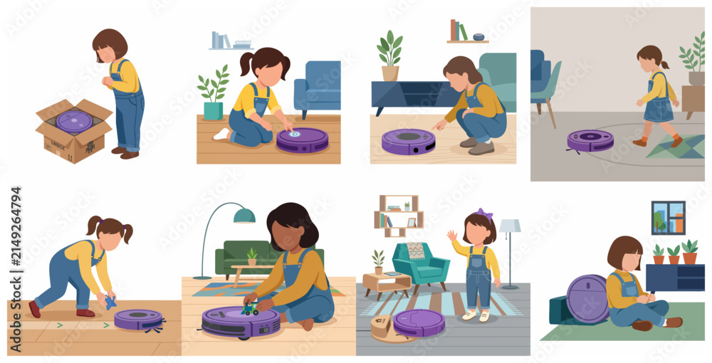 Fototapeta premium Little girl interacting with a smart robot vacuum cleaner illustration set showing unboxing and playing