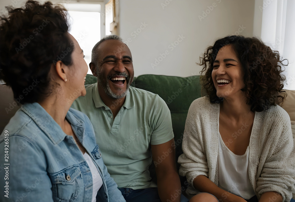 Obraz premium Diverse group of three adults laughing together on a sofa, enjoying a happy conversation in a casual home setting