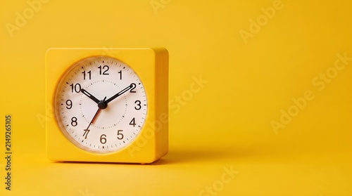 Clean yellow analog alarm clock on a yellow background. Minimalist studio composition representing time, productivity, organization, and punctuality
