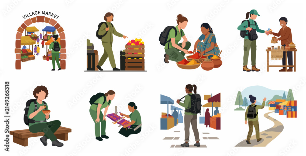 Fototapeta premium Set of flat vector illustrations depicting tourists exploring local village markets, buying spices, interacting with merchants, and experiencing authentic cultural traditions.