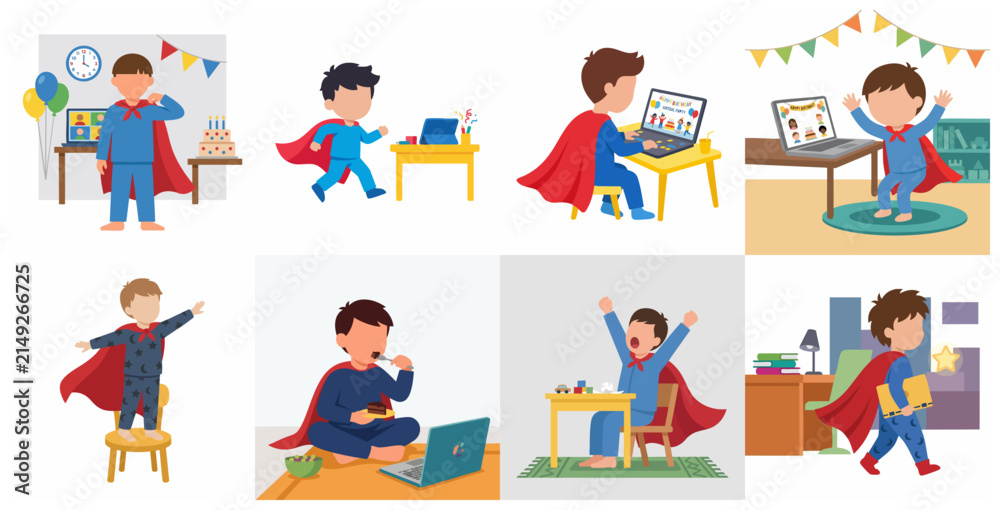 Fototapeta premium Set of vector illustrations depicting a little boy in a superhero cape celebrating a virtual birthday party at home, using a laptop for video calls, eating cake, and playing.