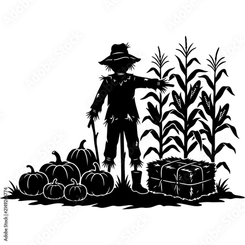 Rustic scarecrow silhouette in corn field, autumn harvest scene with pumpkins and hay bale, black and white farm vector illustration