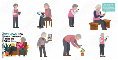 Set of Senior Women Using Smartphone Technology for Communication, News, and Photography Vector Illustration