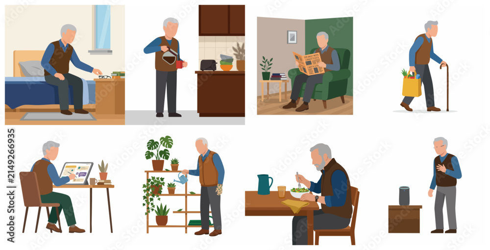 Fototapeta premium Elderly man daily routine and lifestyle activities flat illustration set