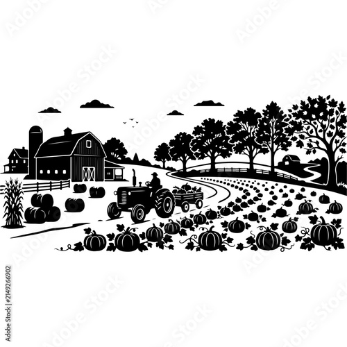 Vintage farm landscape with tractor and pumpkin patch. Rustic countryside barn scene vector. Autumn harvest farm silhouette illustration.