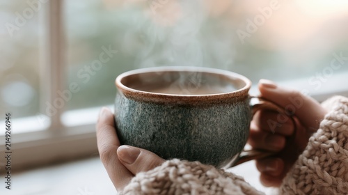 Hands wrapped in a cozy sweater holding a steaming mug of hot coffee, enjoying a warm and comfortable moment by a window