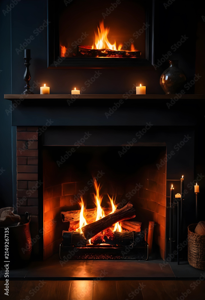 Obraz premium Cozy fireplace with burning logs and candles on the mantelpiece, creating a warm and inviting atmosphere for relaxation, Cozy fireplace with burning logs and flickering flames