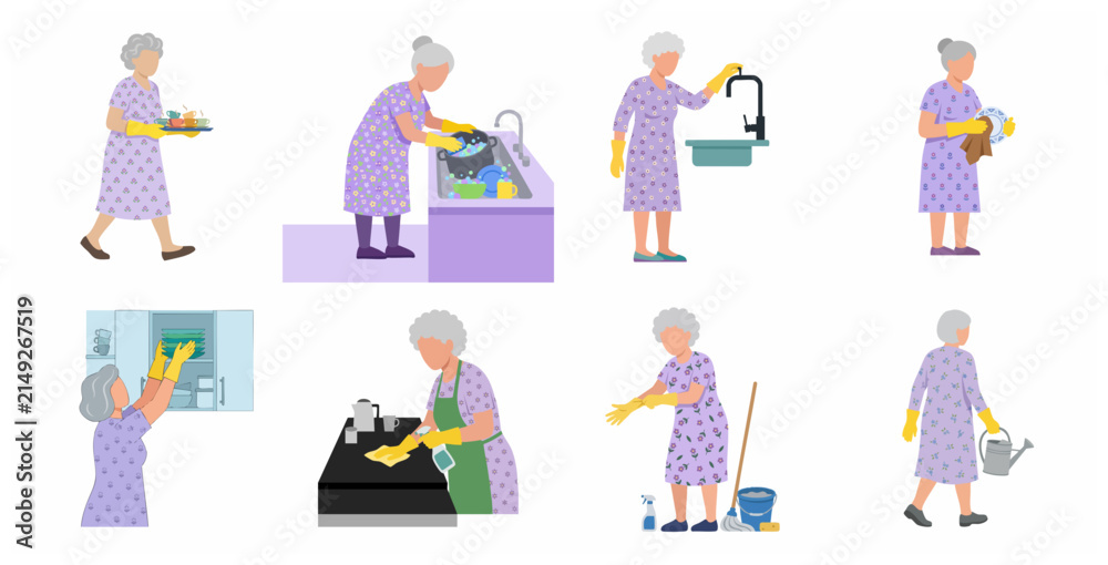 Fototapeta premium Active Senior Woman Doing Household Chores and Cleaning Vector Illustration Set
