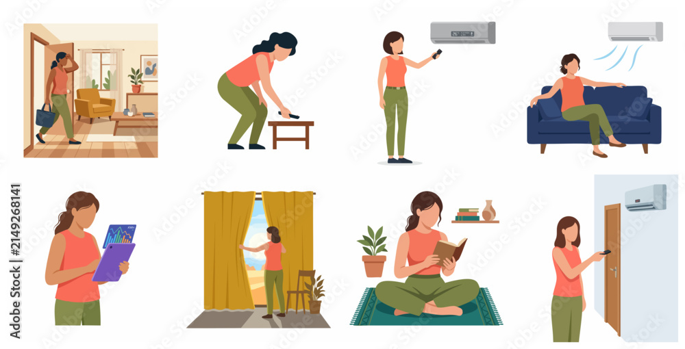 Fototapeta premium Woman Daily Life and Home Comfort Activities Set - Flat Vector Illustrations of Cooling with AC, Relaxing on Sofa, Reading, and Using Tablet