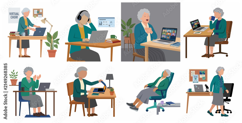 Fototapeta premium Set of senior woman illustrations participating in a virtual choir and using technology at home