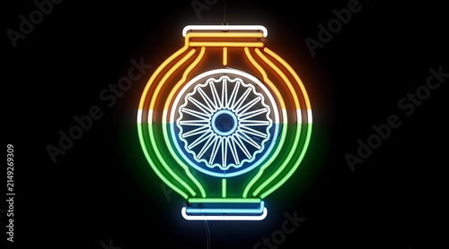 Neon-lit Indian cultural lantern with the Ashoka Chakra in vibrant colors symbolizing heritage and national identity