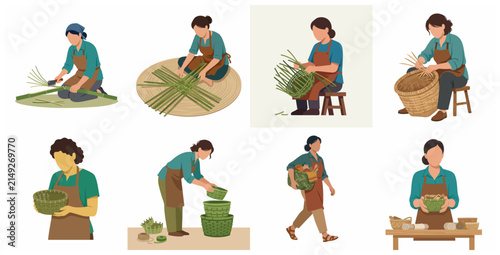 Bild auf Leinwand Vector illustration set of women artisans weaving traditional bamboo baskets, showcasing the step-by-step process of handmade craft and local entrepreneurship