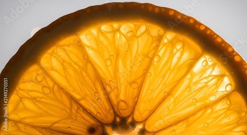 Close-up macro photography of a fresh vibrant orange fruit slice illuminated from behind showing internal juicy segments