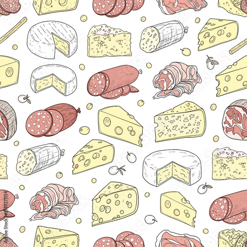 Seamless pattern of colorful cheese and meat icons