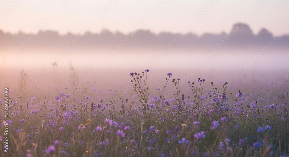 Naklejka premium Dreamy landscape of purple wildflowers blooming in a serene meadow blanketed by soft morning mist during a tranquil sunrise in early spring