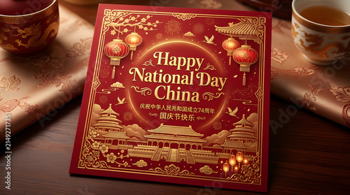 China National Day Card With Traditional Lanterns And Palace Illustration