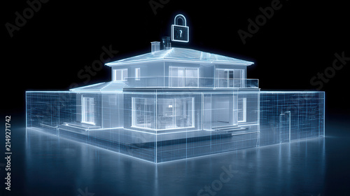 Modern house creating a digital twin wireframe representing advanced smart home technology and artificial intelligence in residential design