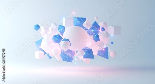 Abstract 3D geometric shapes background with floating blue polygons, glowing light spheres, white cubes, and modern minimalist composition
