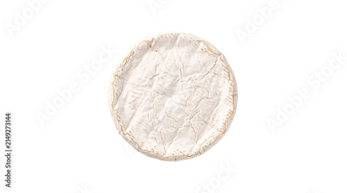 Whole wheel of soft ripened brie or camembert cheese with white bloomy rind, top view isolated transparent PNG cutout for gourmet dairy design