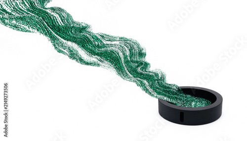 Abstract Green Particle Data Stream Flowing into Minimalist Receptacle