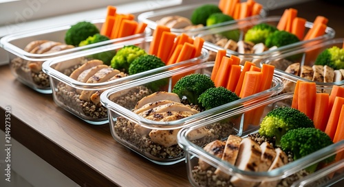 Healthy Portion Controlled Chicken Breast with Broccoli and Carrot Sticks in Glass Containers for Convenient Weekly Meal Prep and Balanced Dieting